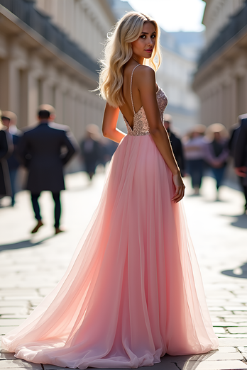 Sparkly Pink A Line Tulle Long Prom Dress with Sequins