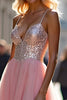 Load image into Gallery viewer, Sparkly Pink A Line Tulle Long Prom Dress with Sequins