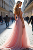 Load image into Gallery viewer, Sparkly Pink A Line Long Tulle Prom Dress with Beading