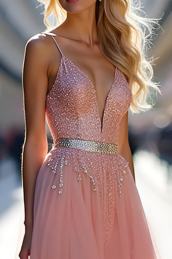 Sparkly Pink A Line Long Tulle Prom Dress with Beading