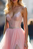 Load image into Gallery viewer, Pink V-Neck Sparkly A Line Long Corset Prom Dress