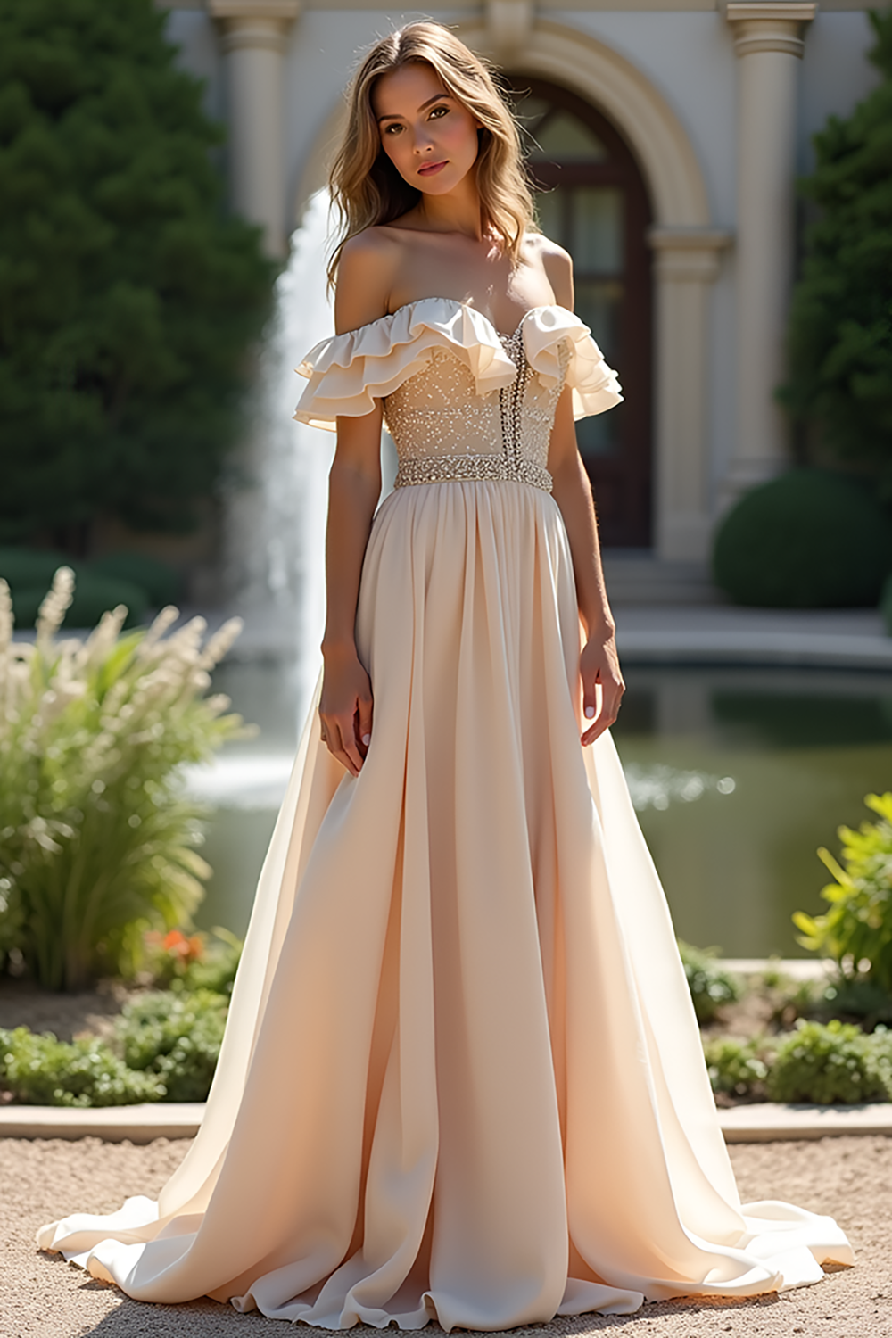 Sparkly Champagne Off The Shoulder Long Chiffon Bridesmaid Dress