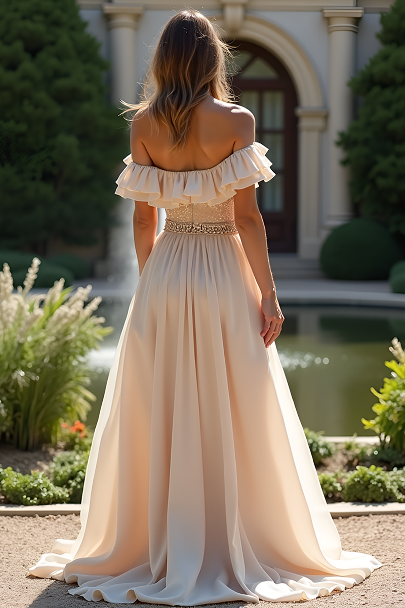 Load image into Gallery viewer, Sparkly Champagne Off The Shoulder Long Chiffon Bridesmaid Dress