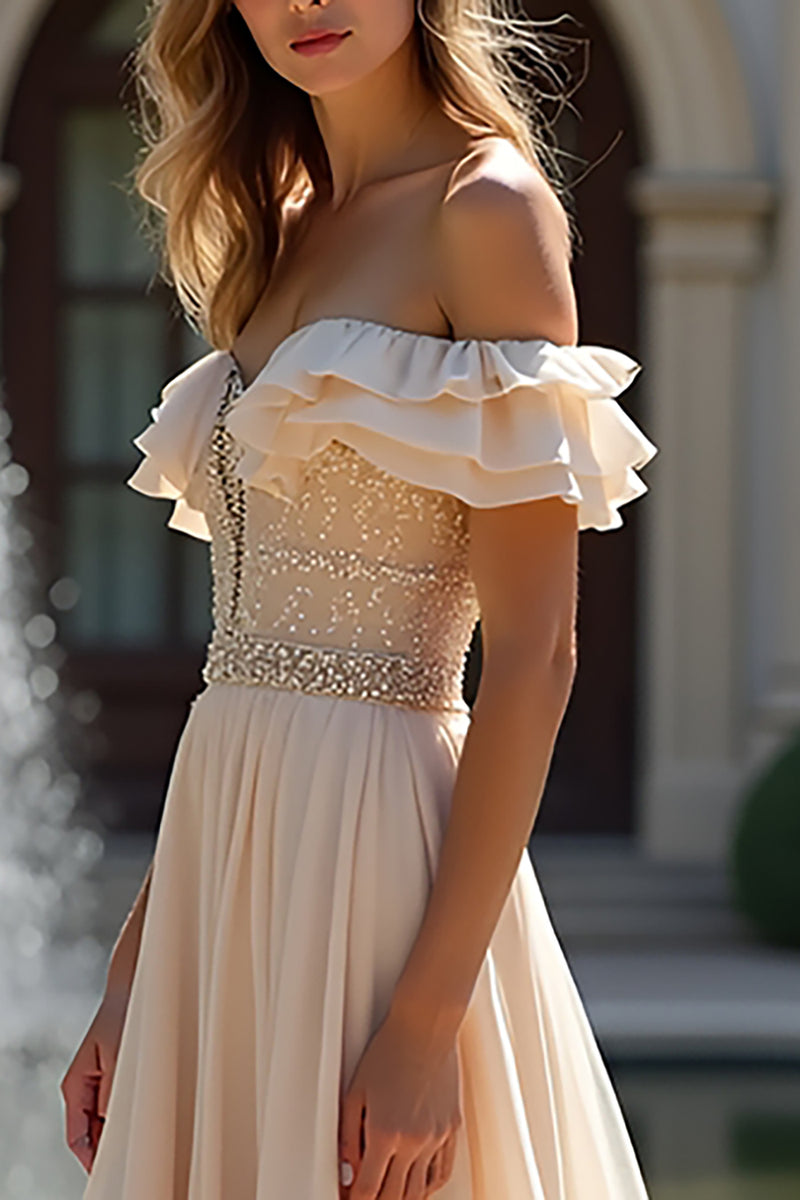 Load image into Gallery viewer, Sparkly Champagne Off The Shoulder Long Chiffon Bridesmaid Dress