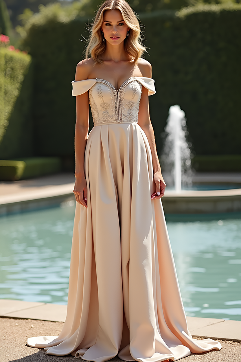 Load image into Gallery viewer, Champagne A Line Long Satin Bridesmaid Dress