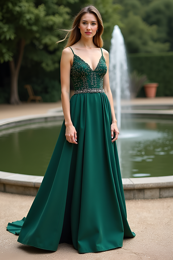 Dark Green A Line V-Neck Long Bridesmaid Dress with Beading