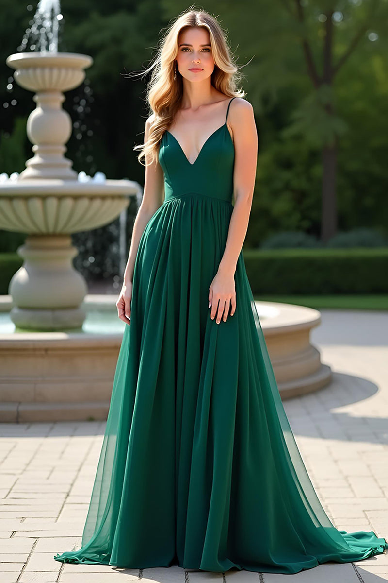 Load image into Gallery viewer, Dark Green A Line Pleated Long Bridesmaid Dress with Slit