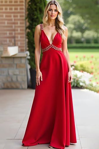 Red A Line V-Neck Long Chiffon Bridesmaid Dress with Beading