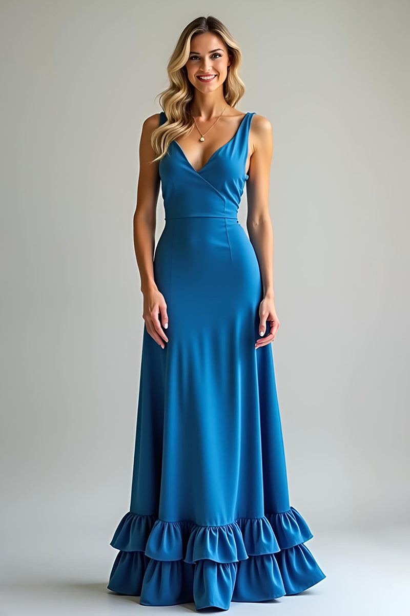 Load image into Gallery viewer, Blue Satin A Line Bridesmaid Dress with Ruffles