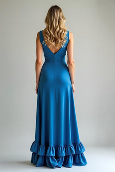 Blue Satin A Line Bridesmaid Dress with Ruffles