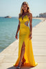 Load image into Gallery viewer, Yellow A Line Deep V-Neck Column Satin Bridesmaid Dress