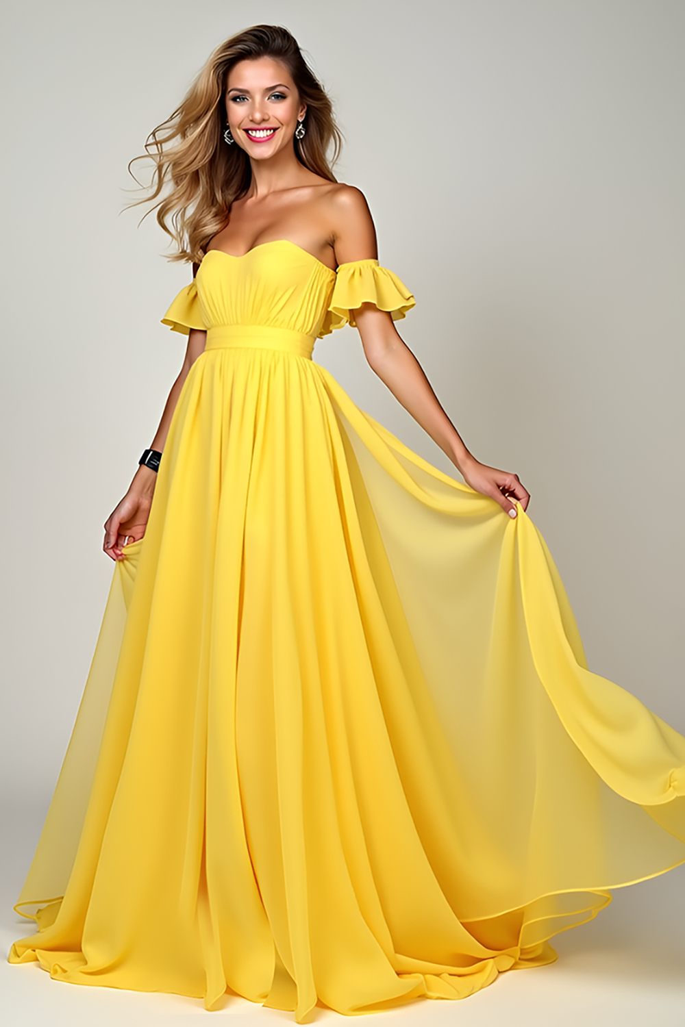 Yellow A Line Off the Shoulder Chiffon Bridesmaid Dress with Ruffles