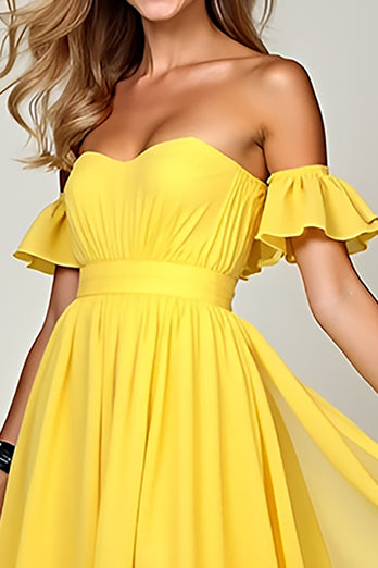 Yellow A Line Off the Shoulder Chiffon Bridesmaid Dress with Ruffles