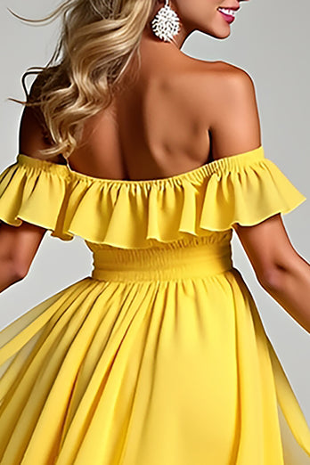 Yellow A Line Off the Shoulder Chiffon Bridesmaid Dress with Ruffles