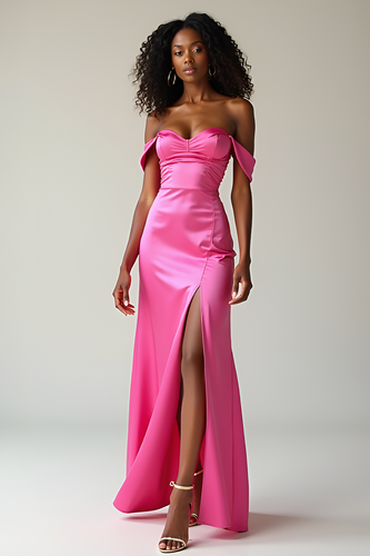 Off the Shoulder Fuchsia Long Satin Prom Dress with Slit