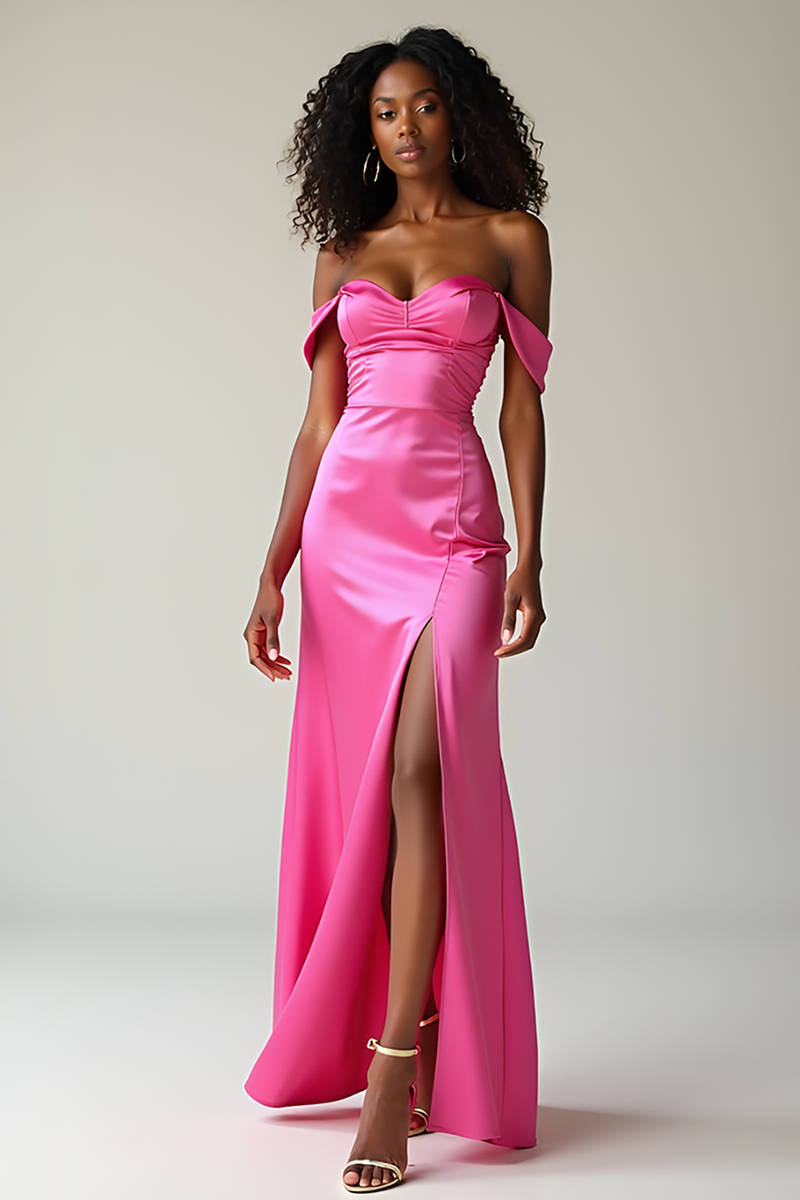 Load image into Gallery viewer, Off the Shoulder Fuchsia Long Satin Prom Dress with Slit