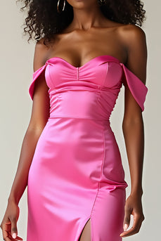 Off the Shoulder Fuchsia Long Satin Prom Dress with Slit