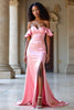 Load image into Gallery viewer, Off the Shoulder Pink Satin Long Sheath Prom Dress with Slit