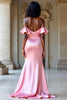 Load image into Gallery viewer, Off the Shoulder Pink Satin Long Sheath Prom Dress with Slit