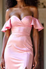 Load image into Gallery viewer, Off the Shoulder Pink Satin Long Sheath Prom Dress with Slit