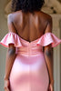 Load image into Gallery viewer, Off the Shoulder Pink Satin Long Sheath Prom Dress with Slit