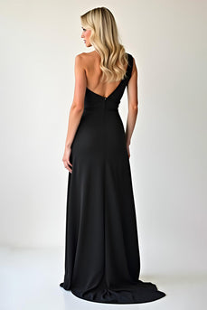 Simple Black One Shoulder Long Sheath Prom Dress with Slit