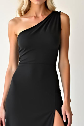 Simple Black One Shoulder Long Sheath Prom Dress with Slit