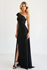 Load image into Gallery viewer, Modest Black Sheath One Shoulder Long Prom Dress with Slit