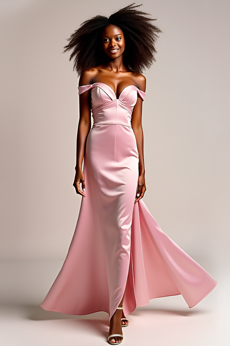 Load image into Gallery viewer, Pink Off the Shoulder Sheath Long Satin Prom Dress