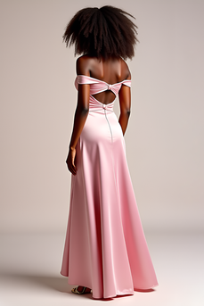 Pink Off the Shoulder Sheath Long Satin Prom Dress