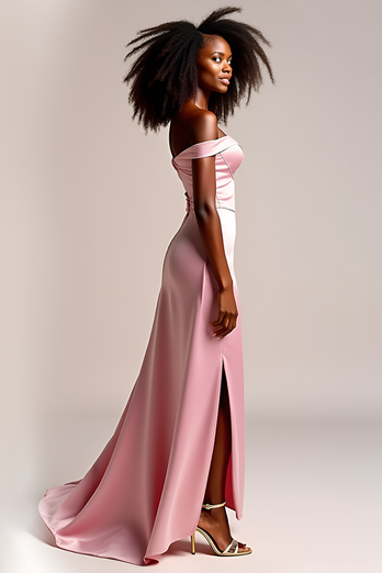 Pink Off the Shoulder Sheath Long Satin Prom Dress