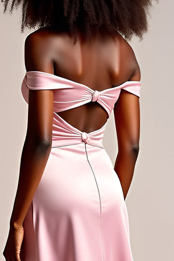 Pink Off the Shoulder Sheath Long Satin Prom Dress