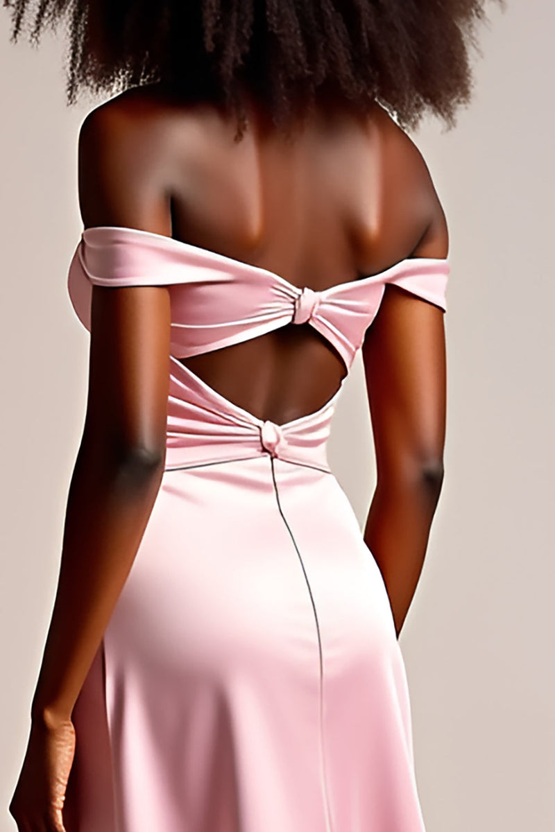 Load image into Gallery viewer, Pink Off the Shoulder Sheath Long Satin Prom Dress