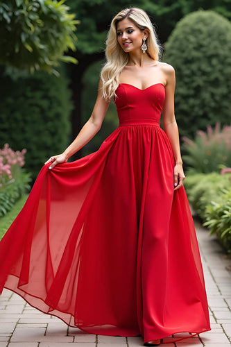 Red Strapless A Line Long Chiffon Prom Dress