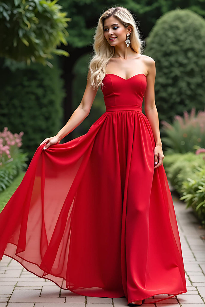 Load image into Gallery viewer, Red Strapless A Line Long Chiffon Prom Dress