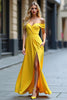 Load image into Gallery viewer, Off the Shoulder Yellow Long Satin Prom Dress with Slit