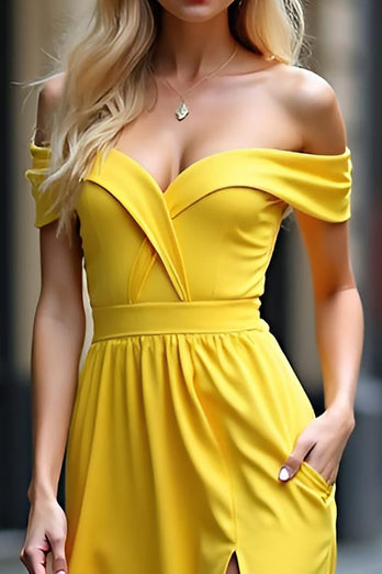 Off the Shoulder Yellow Long Satin Prom Dress with Slit