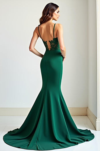 Dark Green Corset Mermaid Long Prom Dress with Lace Appliques