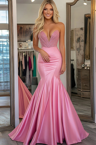 Sparkly Pink Satin Strapless Mermaid Long Beaded Prom Dress