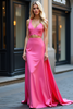 Load image into Gallery viewer, 2 Pieces Fuchsia A Line V-Neck Long Satin Prom Dress