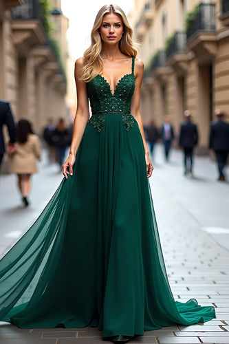 Dark Green A Line Tulle Corset Prom Dress with Lace Appliques