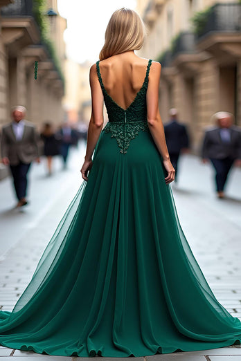 Dark Green A Line Tulle Corset Prom Dress with Lace Appliques