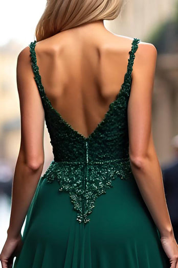 Dark Green A Line Tulle Corset Prom Dress with Lace Appliques