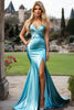 Load image into Gallery viewer, Blue Mermaid V-Neck Long Satin Prom Dress with Slit