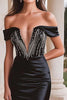 Load image into Gallery viewer, Sparkly Black Satin Long Corset Prom Dress with Slit