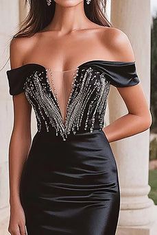 Sparkly Black Satin Long Corset Prom Dress with Slit