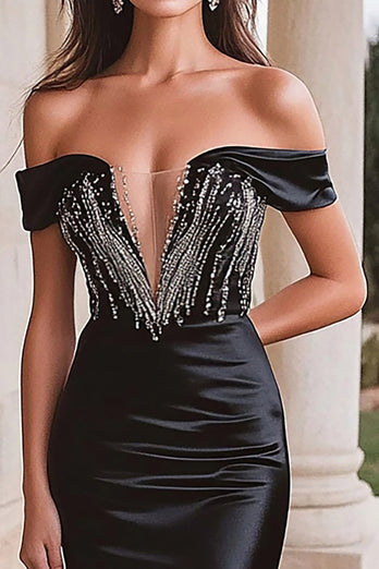 Sparkly Black Satin Long Corset Prom Dress with Slit