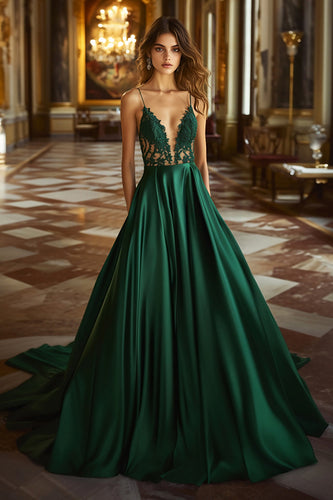 A Line Dark Green Ruched Long Prom Dress with Lace Appliques