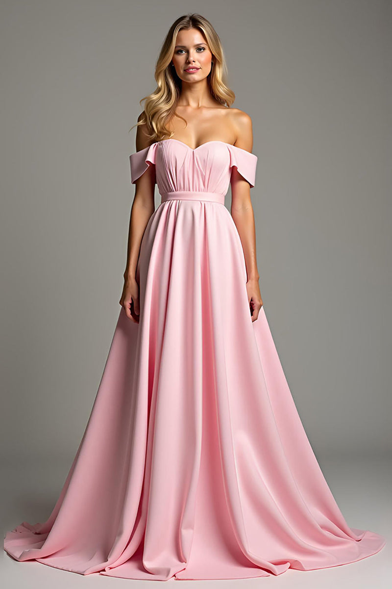 Load image into Gallery viewer, Pink A Line Off the Shoulder Maxi Long Bridesmaid Dress