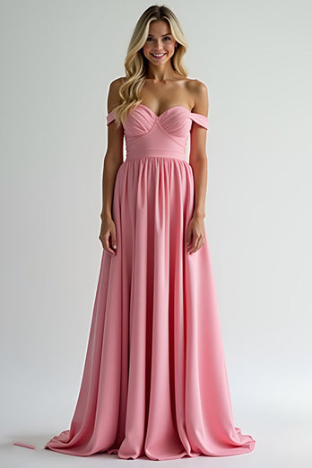 Pink Off the Shoulder A Line Long Satin Bridesmaid Dress